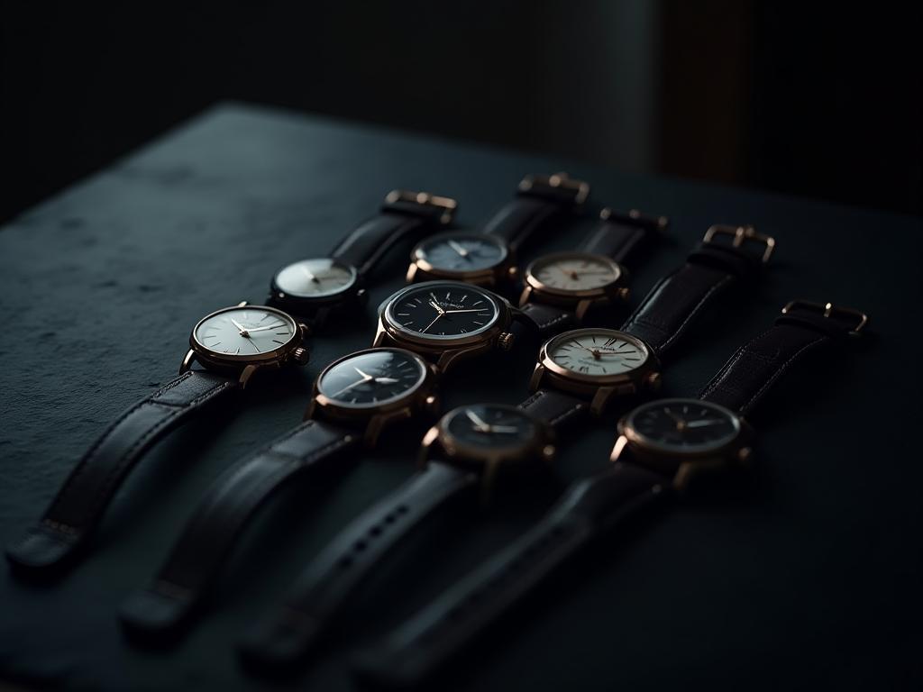 Assortment of modern men’s watches arranged on a dark slate surface