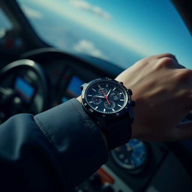 Aero Chrono watch on wrist during flight simulation